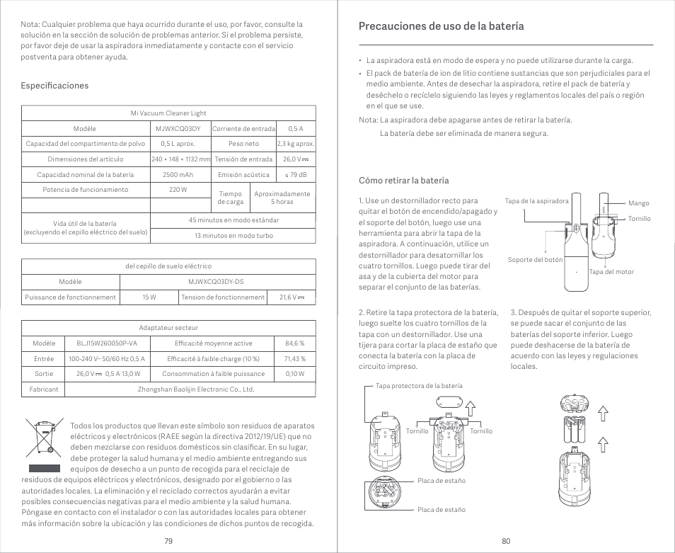 Precauciones de uso de la batería | Xiaomi Mi Vacuum Cleaner Light User Manual | Page 41 / 74