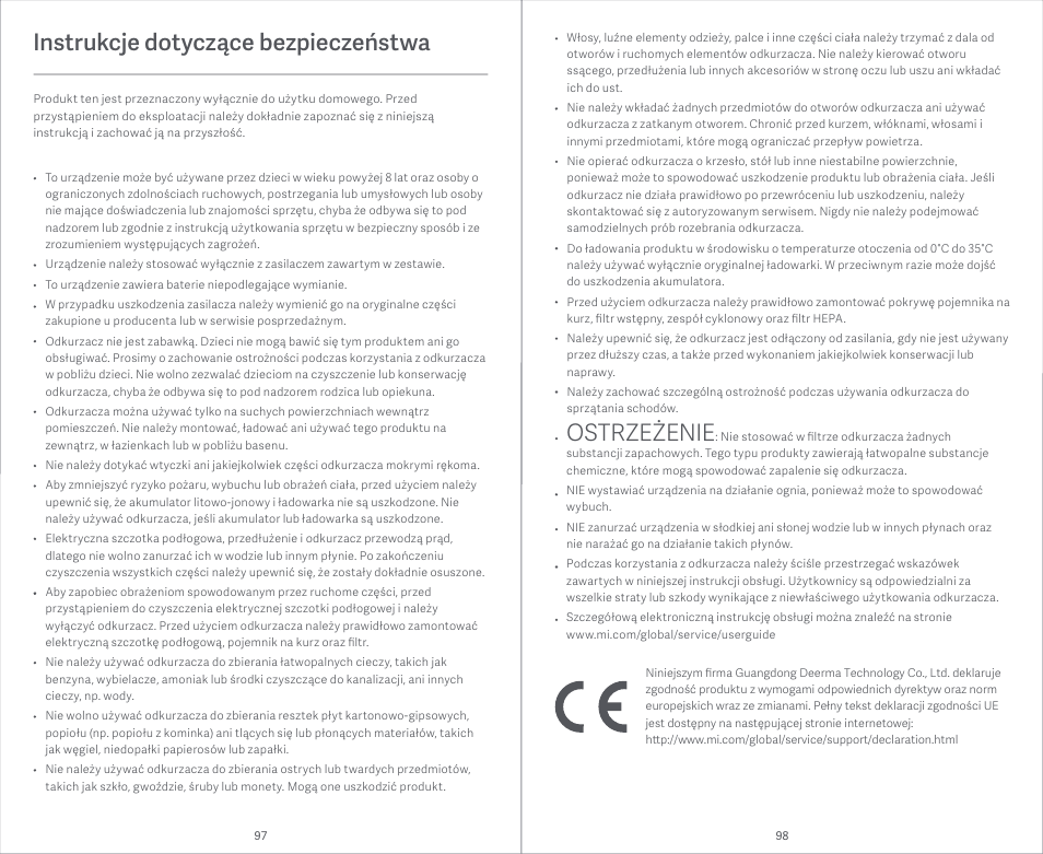 Instrukcje dotyczące bezpieczeństwa, Ostrzeżenie | Xiaomi Mi Vacuum Cleaner Light User Manual | Page 50 / 74