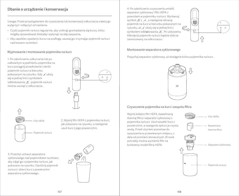 Dbanie o urządzenie i konserwacja | Xiaomi Mi Vacuum Cleaner Light User Manual | Page 55 / 74