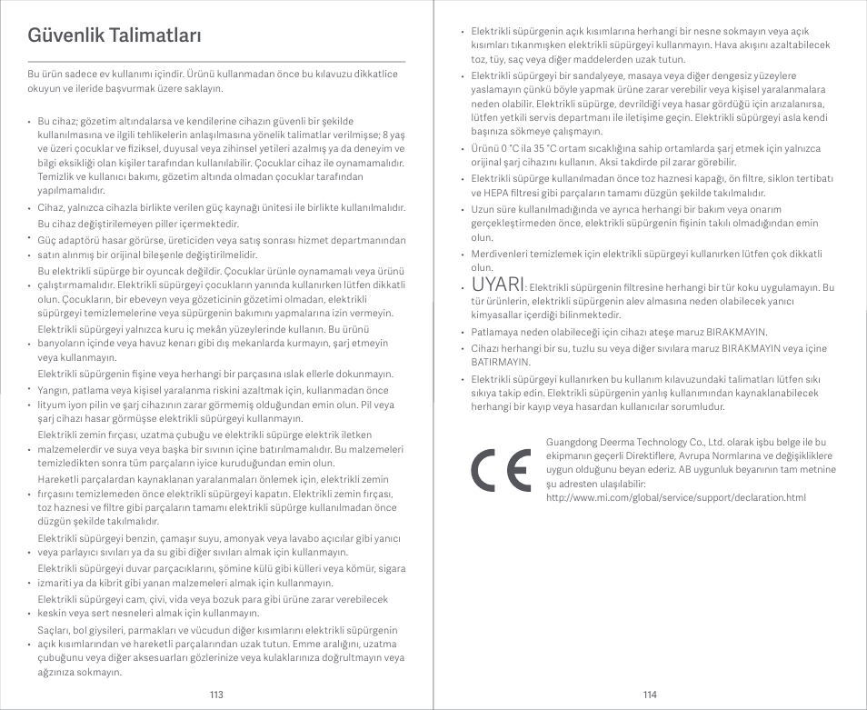 Güvenlik talimatları, Uyari | Xiaomi Mi Vacuum Cleaner Light User Manual | Page 58 / 74