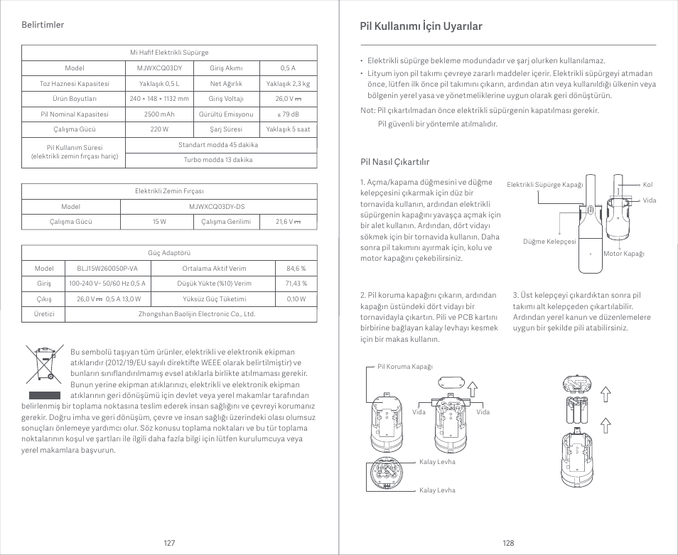 Pil kullanımı i̇çin uyarılar | Xiaomi Mi Vacuum Cleaner Light User Manual | Page 65 / 74