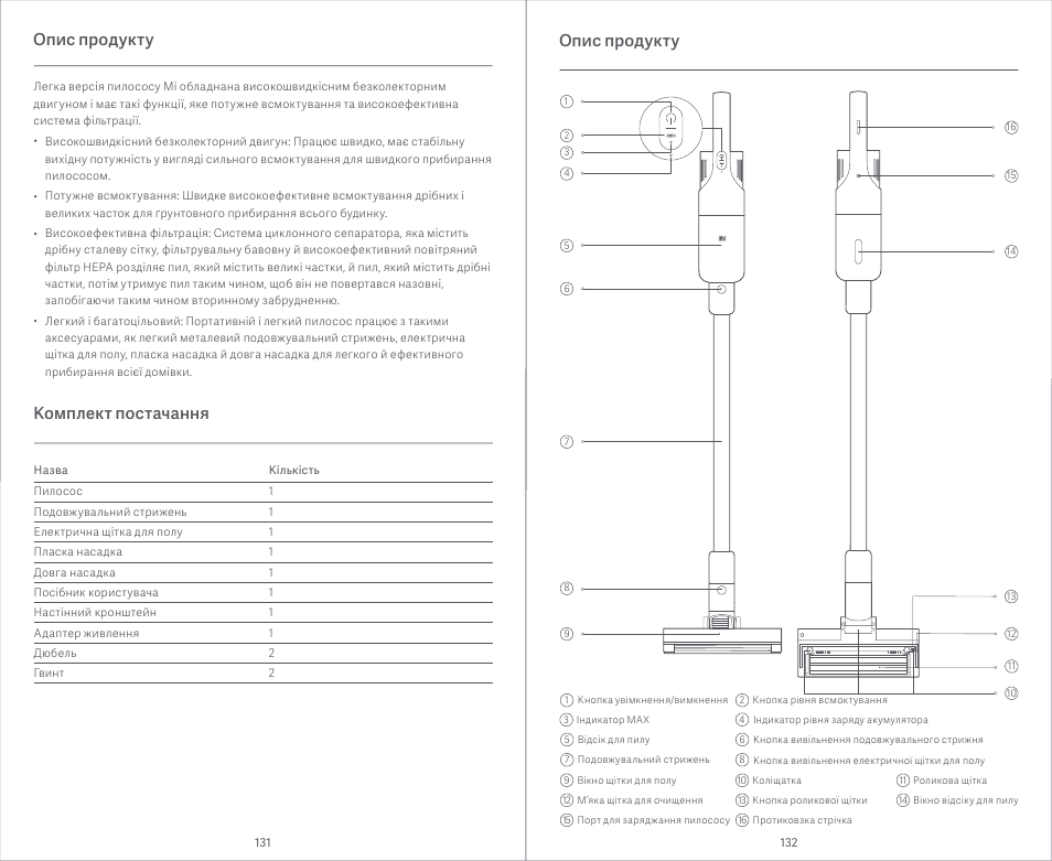 Опис продукту комплект постачання, Опис продукту | Xiaomi Mi Vacuum Cleaner Light User Manual | Page 67 / 74