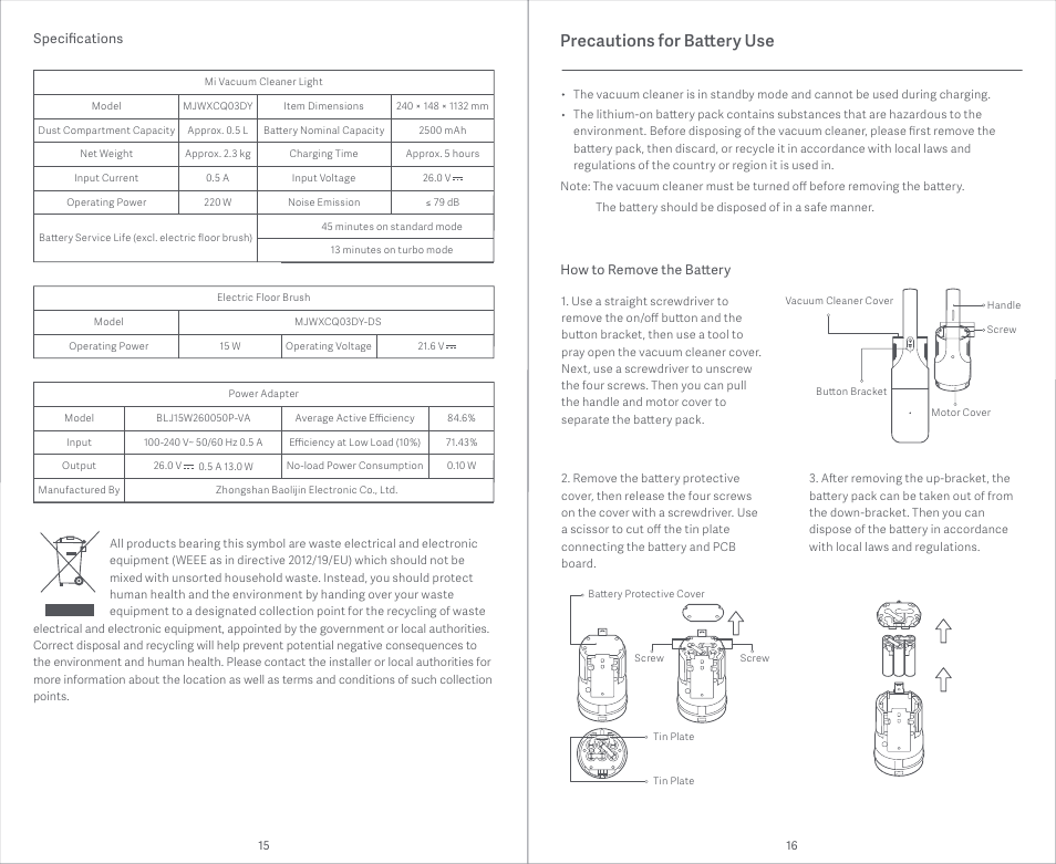 Precautions for battery use | Xiaomi Mi Vacuum Cleaner Light User Manual | Page 9 / 74