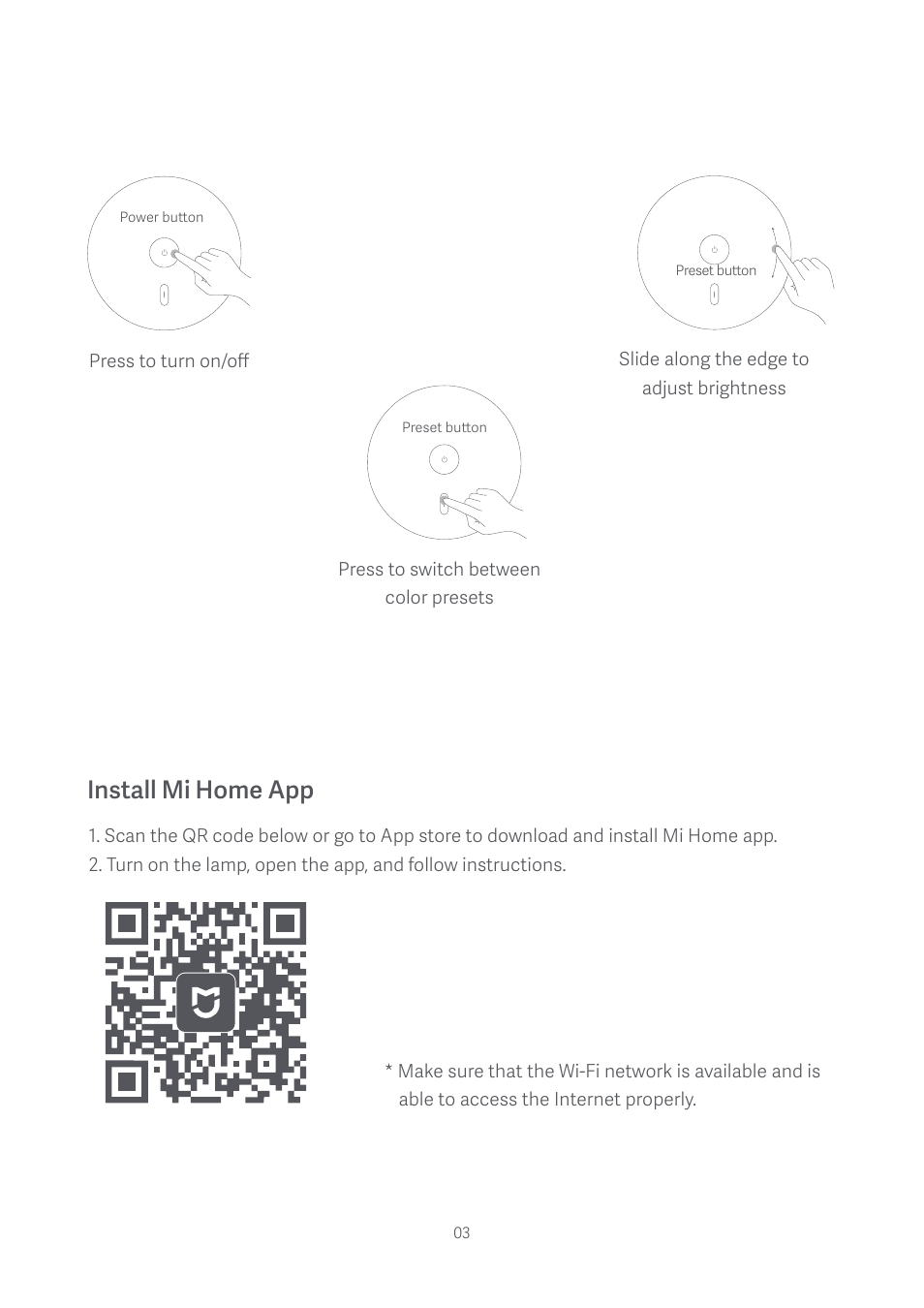 Install mi home app | Xiaomi Mi Bedside Lamp User Manual | Page 4 / 10