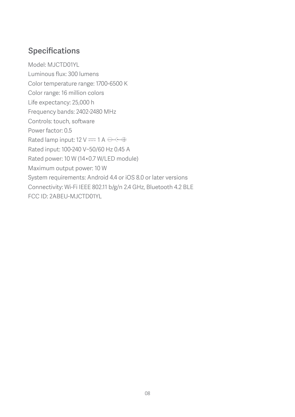 Specifications | Xiaomi Mi Bedside Lamp User Manual | Page 9 / 10