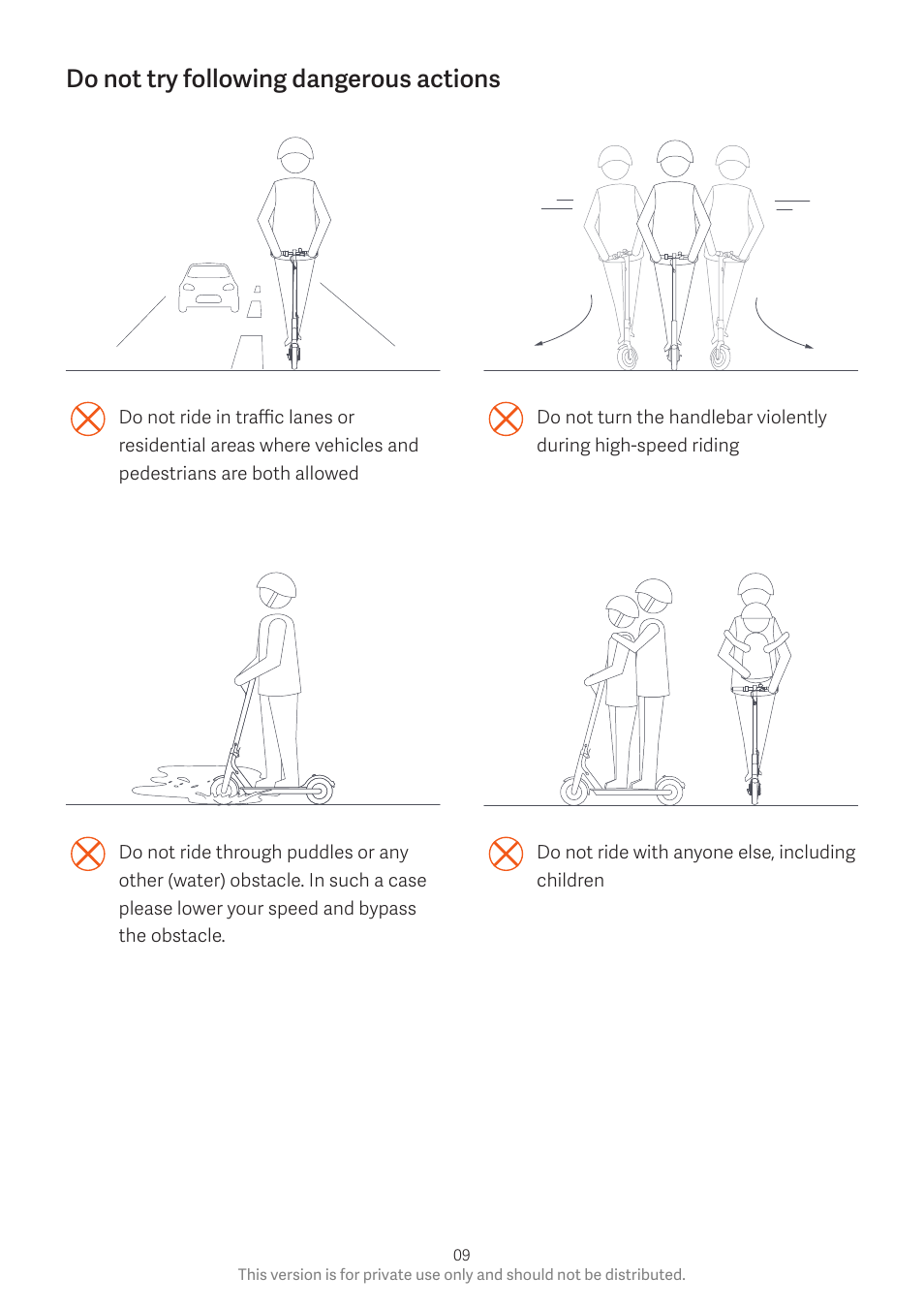 Do not try following dangerous actions | Xiaomi Mi Electric Scooter User Manual | Page 10 / 23