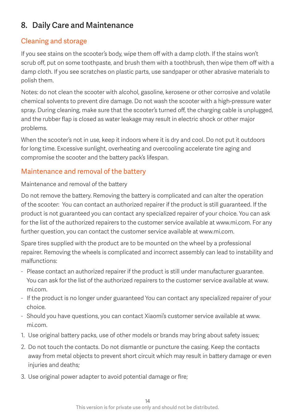 Daily care and maintenance | Xiaomi Mi Electric Scooter User Manual | Page 15 / 23