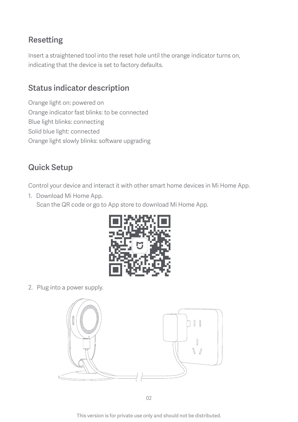 Resetting, Status indicator description, Quick setup | Xiaomi Mi Home Security Camera User Manual | Page 3 / 6