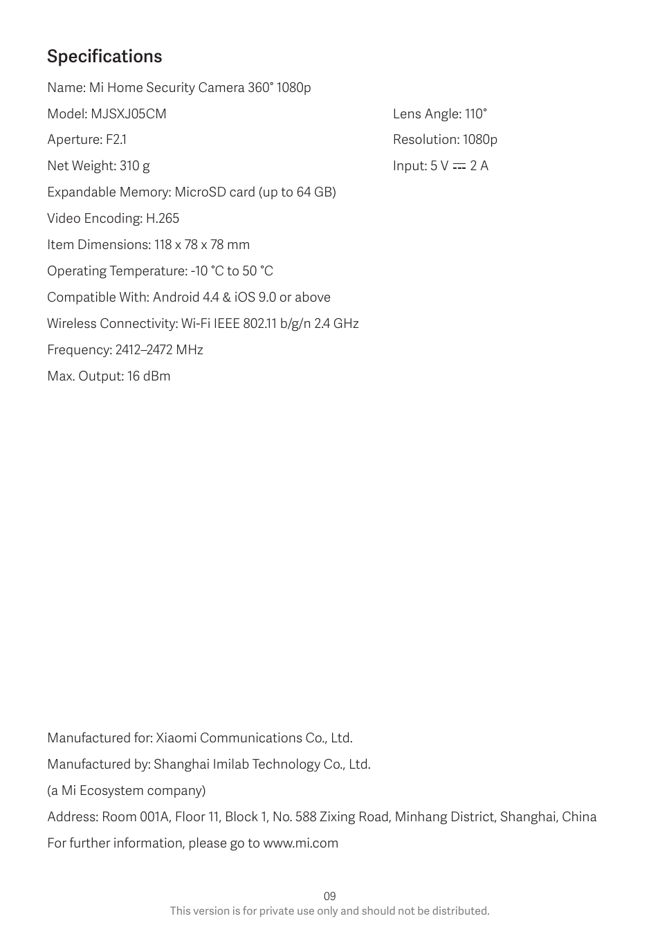 Specifications | Xiaomi Mi Home Security Camera360° User Manual | Page 10 / 10