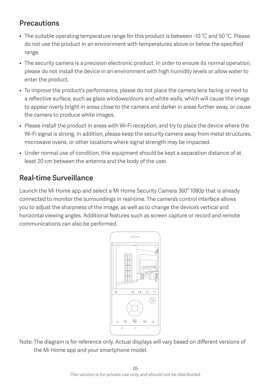 Precautions, Real-time surveillance | Xiaomi Mi Home Security Camera360° User Manual | Page 6 / 10