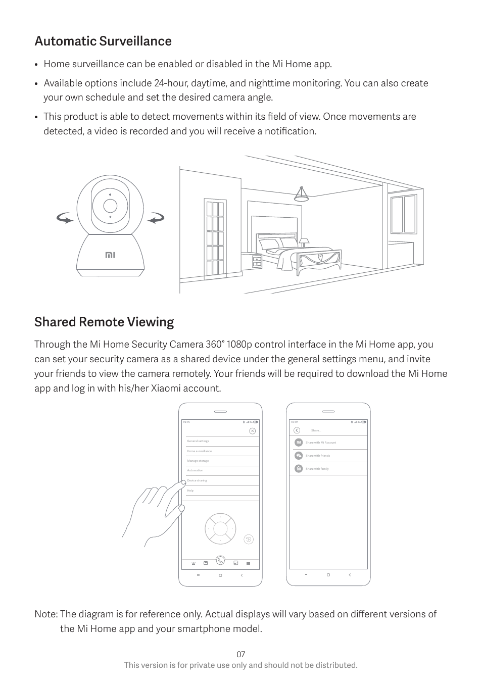 Automatic surveillance, Shared remote viewing | Xiaomi Mi Home Security Camera360° User Manual | Page 8 / 10