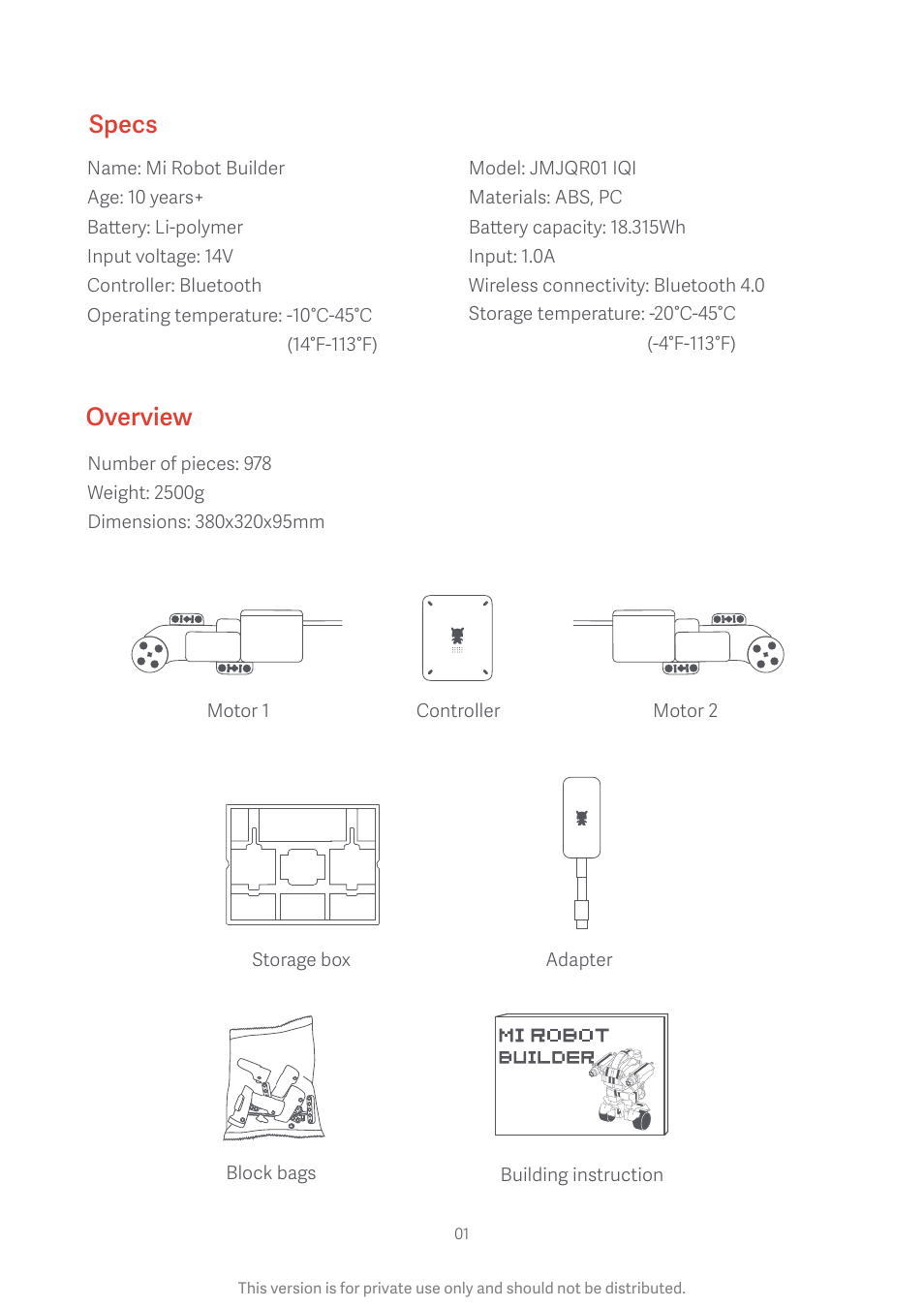 Specs, Overview | Xiaomi Mi Robot Builder User Manual | Page 2 / 8