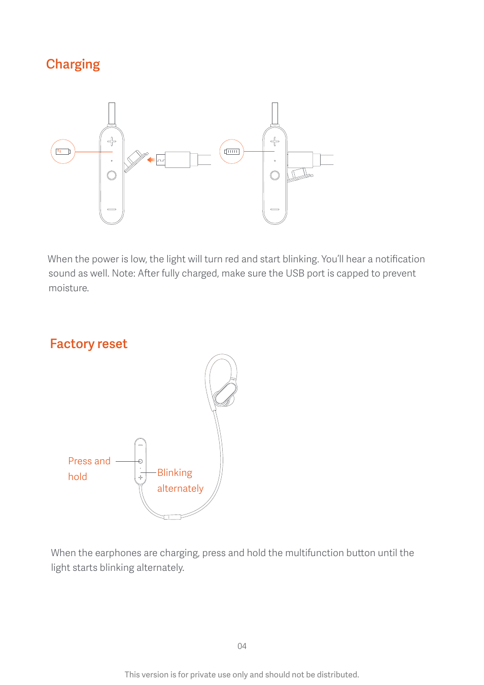 Charging, Factory reset | Xiaomi Mi Sports Bluetooth Earphones User Manual | Page 5 / 11