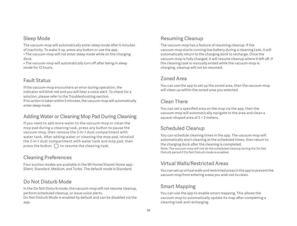 Fault status, Cleaning preferences, Do not disturb mode | Sleep mode, Resuming cleanup, Zoned area, Clean there, Scheduled cleanup, Virtual walls/restricted areas, Smart mapping | Xiaomi Mi Robot Vacuum-Mop P User Manual | Page 10 / 225