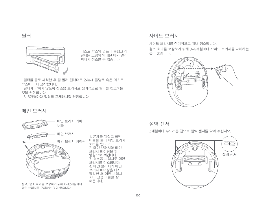 메인 브러시, 사이드 브러시, 절벽 센서 | Xiaomi Mi Robot Vacuum-Mop P User Manual | Page 102 / 225