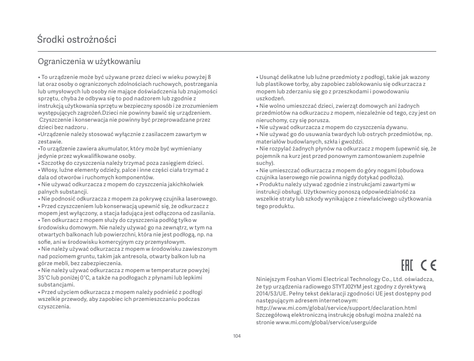Środki ostrożności, Ograniczenia w użytkowaniu | Xiaomi Mi Robot Vacuum-Mop P User Manual | Page 106 / 225