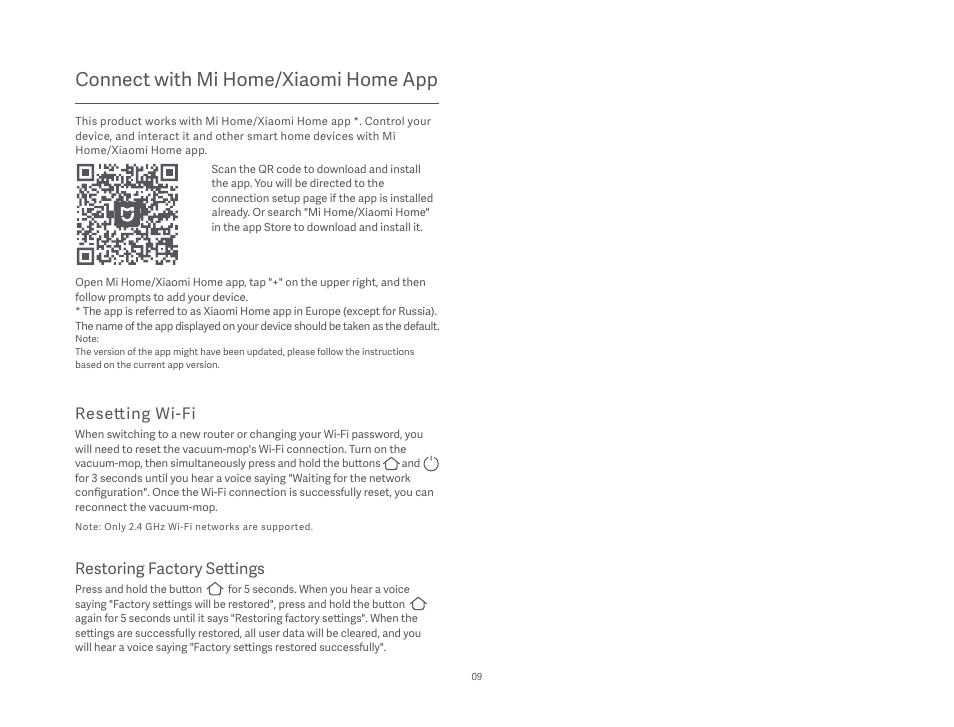 Connect with mi home/xiaomi home app, Restoring factory settings, Resetting wi-fi | Xiaomi Mi Robot Vacuum-Mop P User Manual | Page 11 / 225
