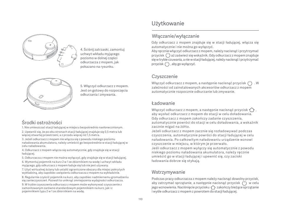 Użytkowanie, Środki ostrożności, Wstrzymywanie | Włączanie/wyłączanie, Czyszczenie, Ładowanie | Xiaomi Mi Robot Vacuum-Mop P User Manual | Page 112 / 225