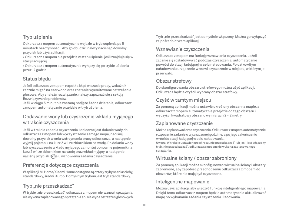Status błędu, Preferencje dotyczące czyszczenia, Tryb „nie przeszkadzać | Wznawianie czyszczenia, Tryb uśpienia, Obszar strefowy, Czyść w tamtym miejscu, Zaplanowane czyszczenie, Wirtualne ściany / obszar zabroniony, Inteligentne mapowanie | Xiaomi Mi Robot Vacuum-Mop P User Manual | Page 113 / 225