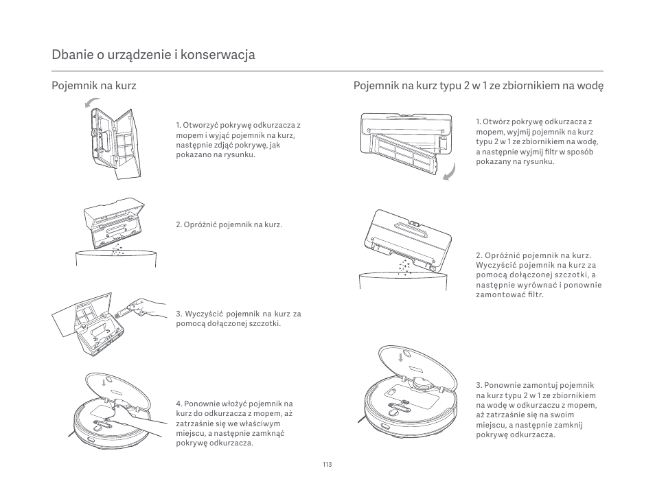 Dbanie o urządzenie i konserwacja, Pojemnik na kurz, Pojemnik na kurz typu 2 w 1 ze zbiornikiem na wodę | Xiaomi Mi Robot Vacuum-Mop P User Manual | Page 115 / 225
