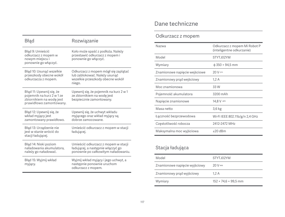 Dane techniczne, Błąd rozwiązanie, Odkurzacz z mopem | Stacja ładująca | Xiaomi Mi Robot Vacuum-Mop P User Manual | Page 119 / 225