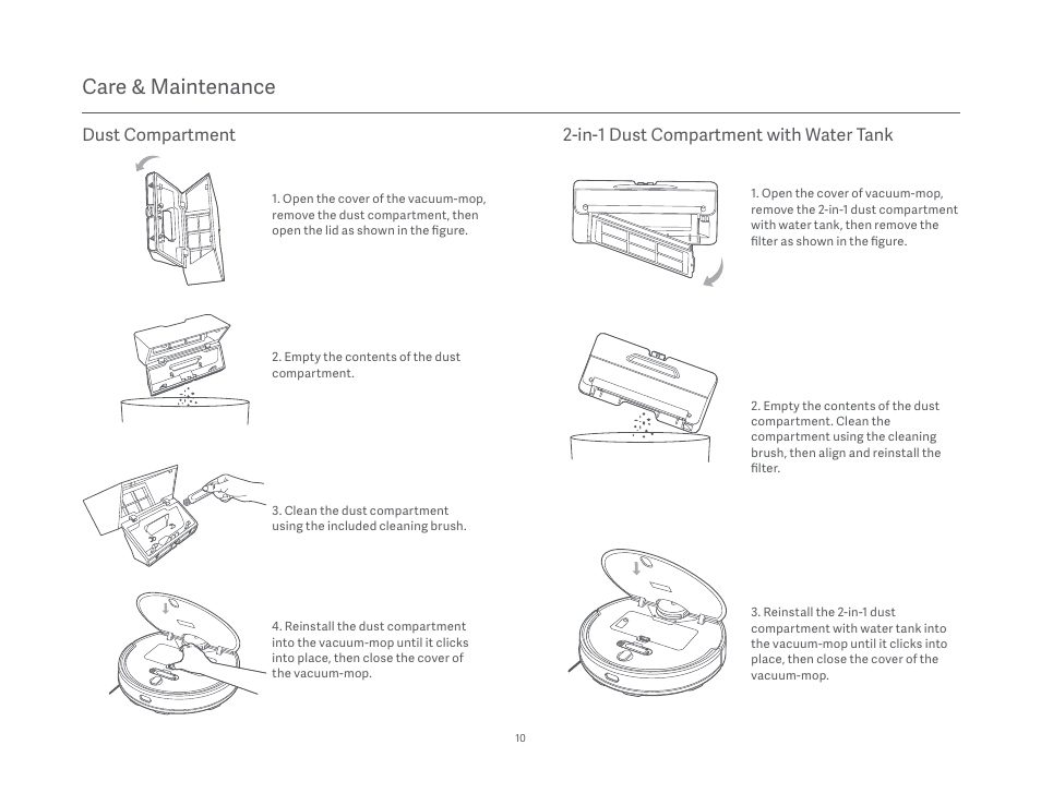 Care & maintenance, In-1 dust compartment with water tank, Dust compartment | Xiaomi Mi Robot Vacuum-Mop P User Manual | Page 12 / 225
