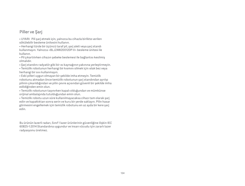 Piller ve şarj | Xiaomi Mi Robot Vacuum-Mop P User Manual | Page 136 / 225