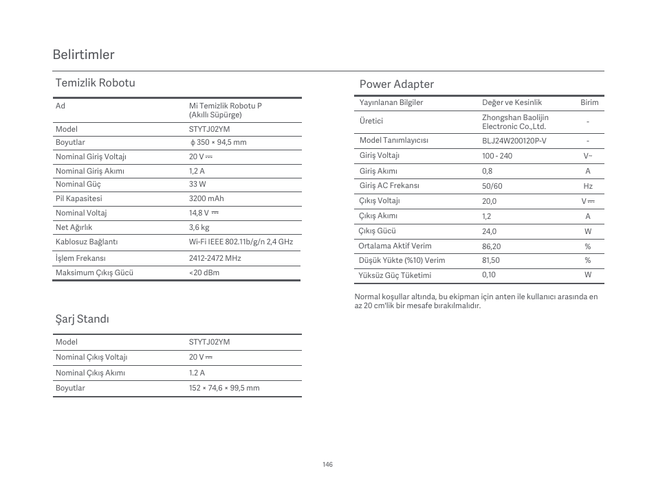Belirtimler, Temizlik robotu, Şarj standı | Power adapter | Xiaomi Mi Robot Vacuum-Mop P User Manual | Page 148 / 225