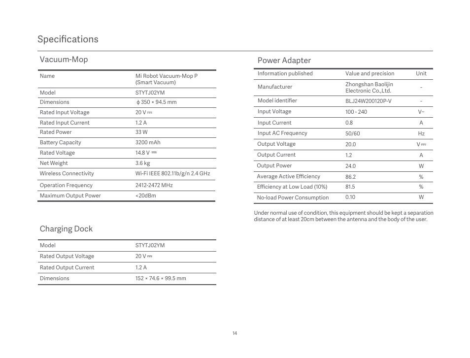Specifications, Vacuum-mop, Charging dock | Power adapter | Xiaomi Mi Robot Vacuum-Mop P User Manual | Page 16 / 225