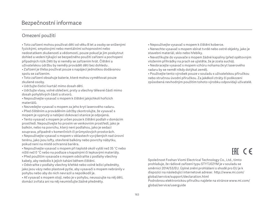 Bezpečnostní informace, Omezení použití | Xiaomi Mi Robot Vacuum-Mop P User Manual | Page 165 / 225