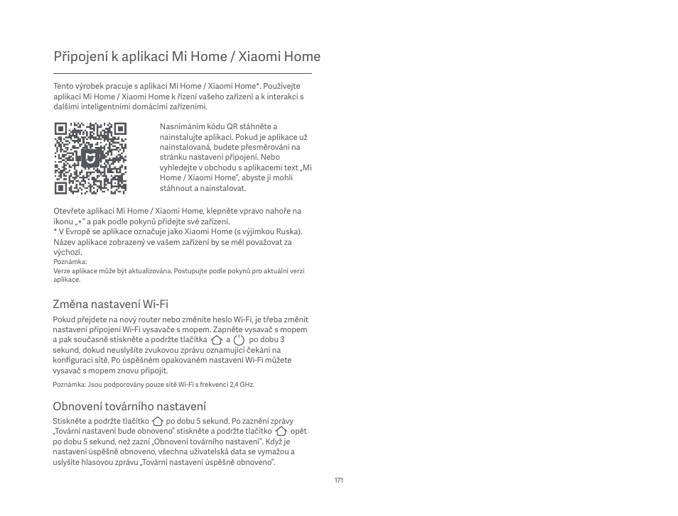 Připojení k aplikaci mi home / xiaomi home, Obnovení továrního nastavení, Změna nastavení wi-fi | Xiaomi Mi Robot Vacuum-Mop P User Manual | Page 173 / 225