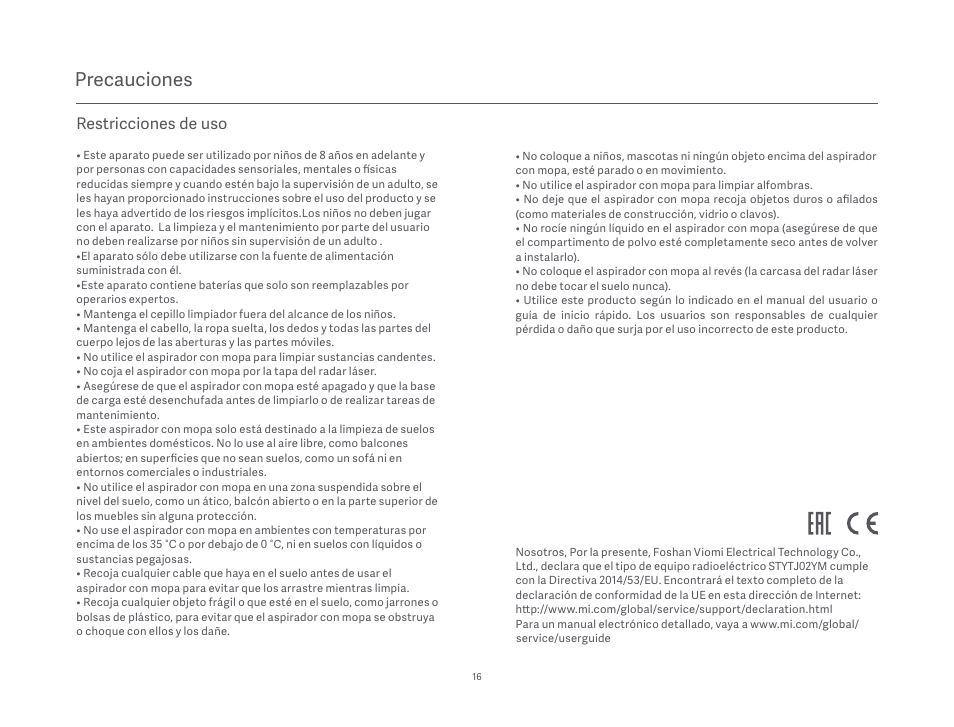 Precauciones, Restricciones de uso | Xiaomi Mi Robot Vacuum-Mop P User Manual | Page 18 / 225