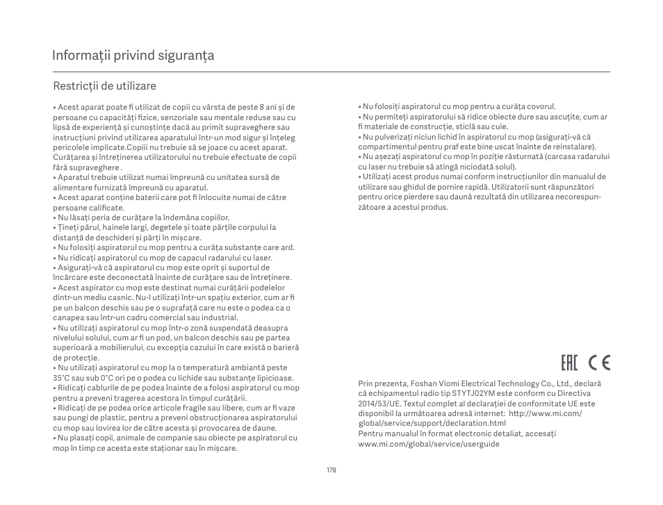 Informații privind siguranța, Restricții de utilizare | Xiaomi Mi Robot Vacuum-Mop P User Manual | Page 180 / 225