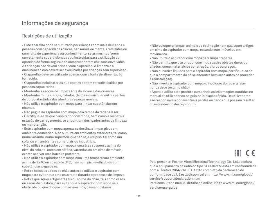Informações de segurança, Restrições de utilização | Xiaomi Mi Robot Vacuum-Mop P User Manual | Page 195 / 225