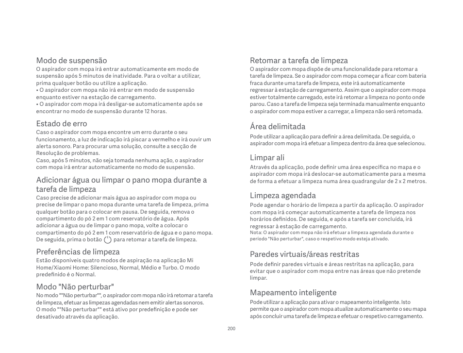 Estado de erro, Preferências de limpeza, Modo "não perturbar | Retomar a tarefa de limpeza, Modo de suspensão, Área delimitada, Limpar ali, Limpeza agendada, Paredes virtuais/áreas restritas, Mapeamento inteligente | Xiaomi Mi Robot Vacuum-Mop P User Manual | Page 202 / 225