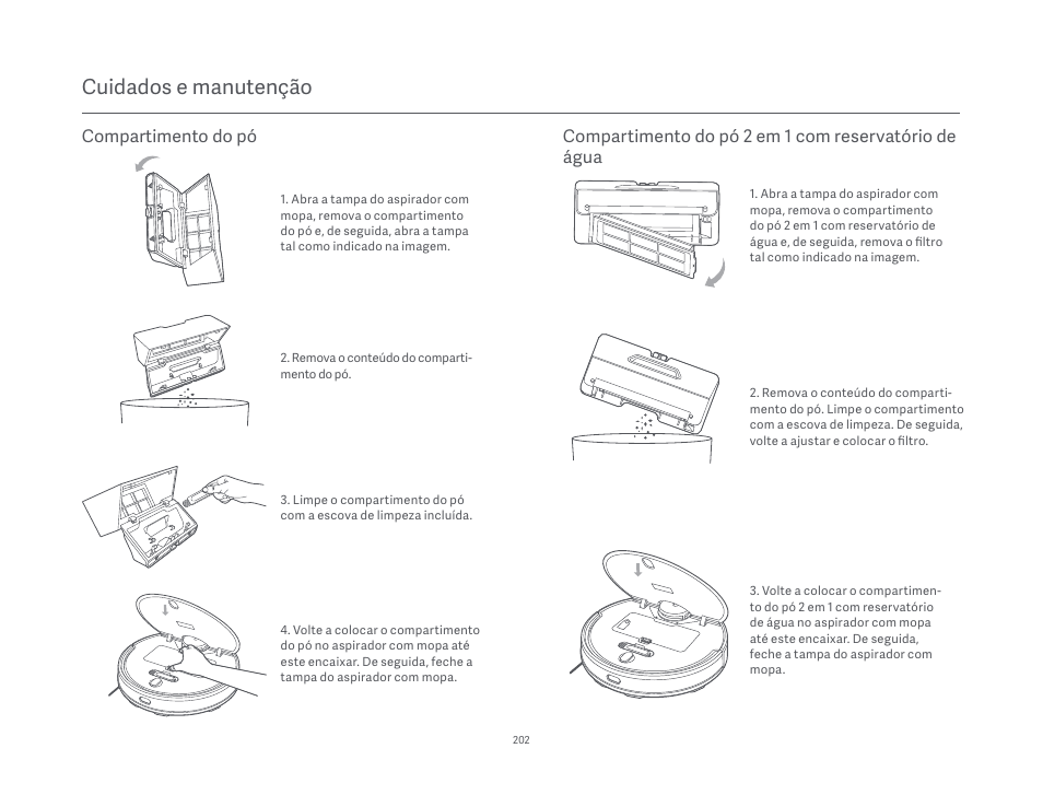 Cuidados e manutenção, Compartimento do pó | Xiaomi Mi Robot Vacuum-Mop P User Manual | Page 204 / 225