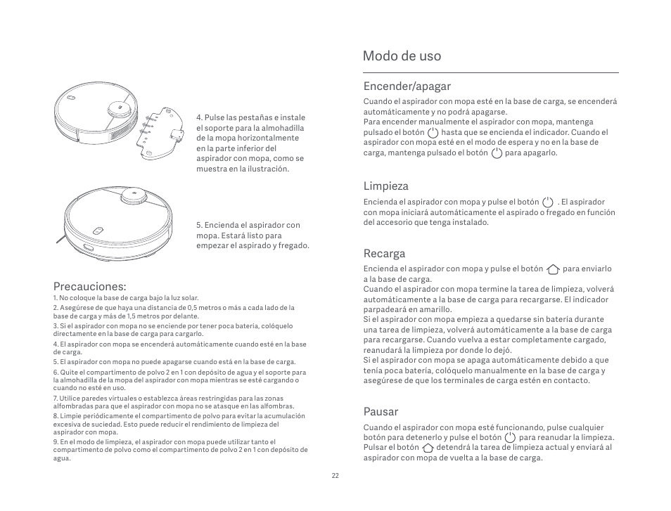 Modo de uso, Precauciones, Pausar | Encender/apagar, Limpieza, Recarga | Xiaomi Mi Robot Vacuum-Mop P User Manual | Page 24 / 225