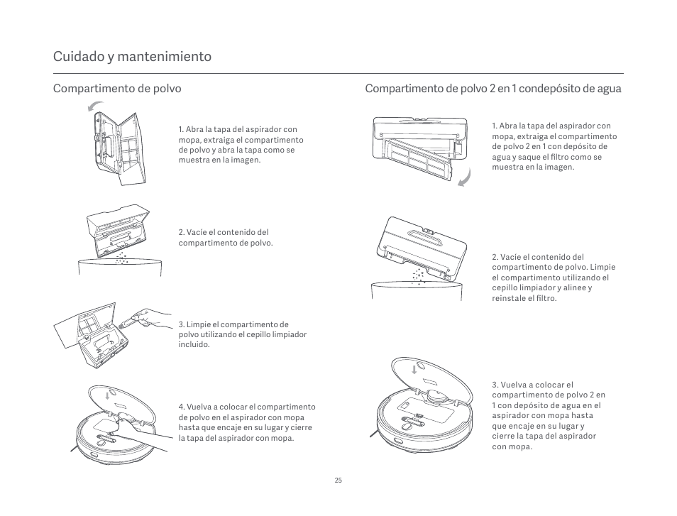Cuidado y mantenimiento, Compartimento de polvo, Compartimento de polvo 2 en 1 condepósito de agua | Xiaomi Mi Robot Vacuum-Mop P User Manual | Page 27 / 225