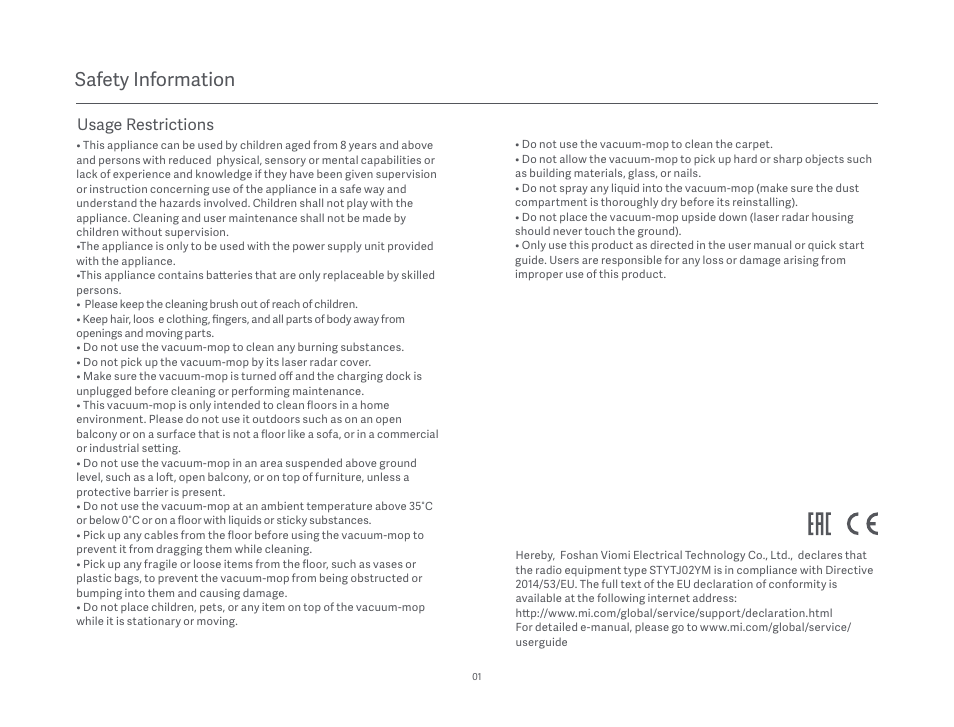Safety information, Usage restrictions | Xiaomi Mi Robot Vacuum-Mop P User Manual | Page 3 / 225