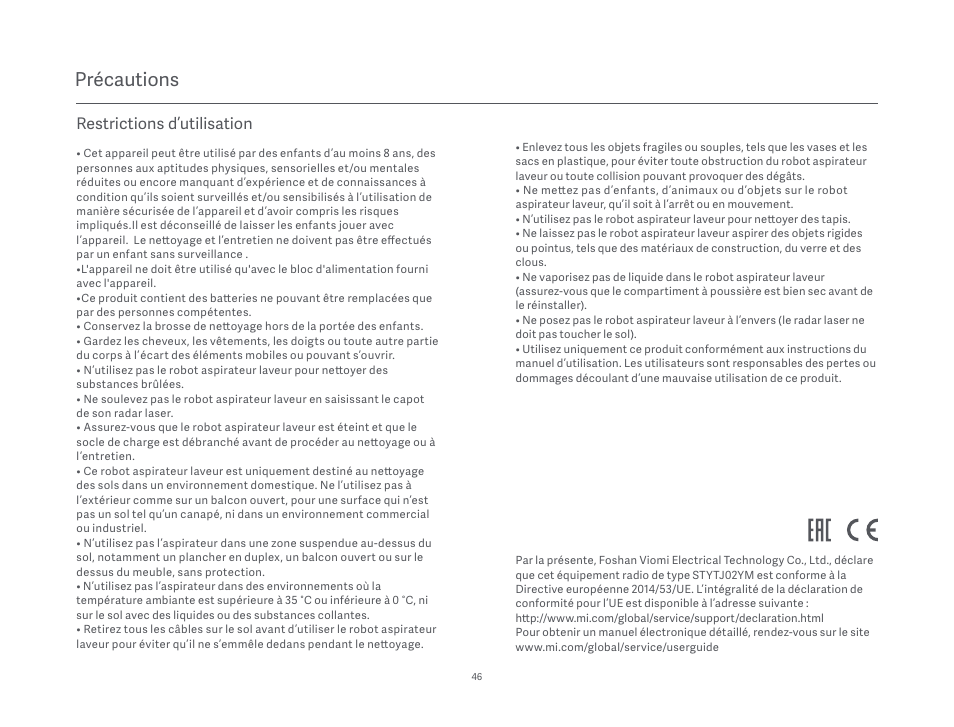 Précautions, Restrictions d’utilisation | Xiaomi Mi Robot Vacuum-Mop P User Manual | Page 48 / 225