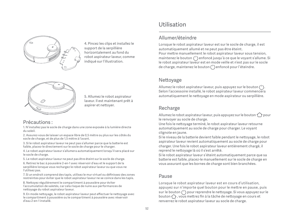 Utilisation, Précautions, Pause | Allumer/éteindre, Nettoyage, Recharge | Xiaomi Mi Robot Vacuum-Mop P User Manual | Page 54 / 225