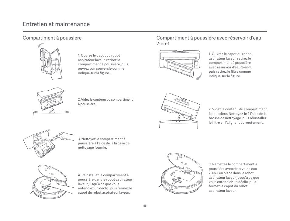 Entretien et maintenance, Compartiment à poussière | Xiaomi Mi Robot Vacuum-Mop P User Manual | Page 57 / 225