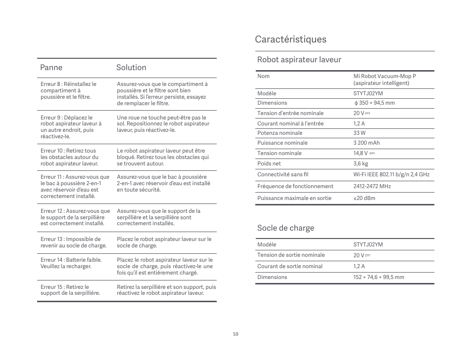 Caractéristiques, Panne solution, Robot aspirateur laveur | Socle de charge | Xiaomi Mi Robot Vacuum-Mop P User Manual | Page 61 / 225