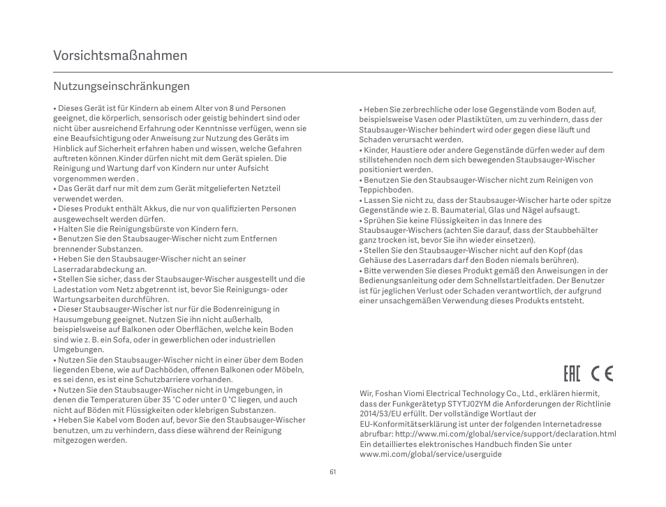 Vorsichtsmaßnahmen, Nutzungseinschränkungen | Xiaomi Mi Robot Vacuum-Mop P User Manual | Page 63 / 225
