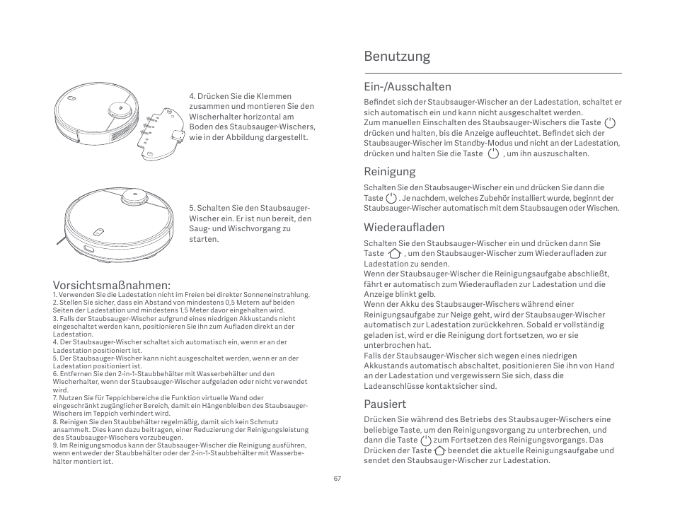 Benutzung, Vorsichtsmaßnahmen, Pausiert | Ein-/ausschalten, Reinigung, Wiederaufladen | Xiaomi Mi Robot Vacuum-Mop P User Manual | Page 69 / 225