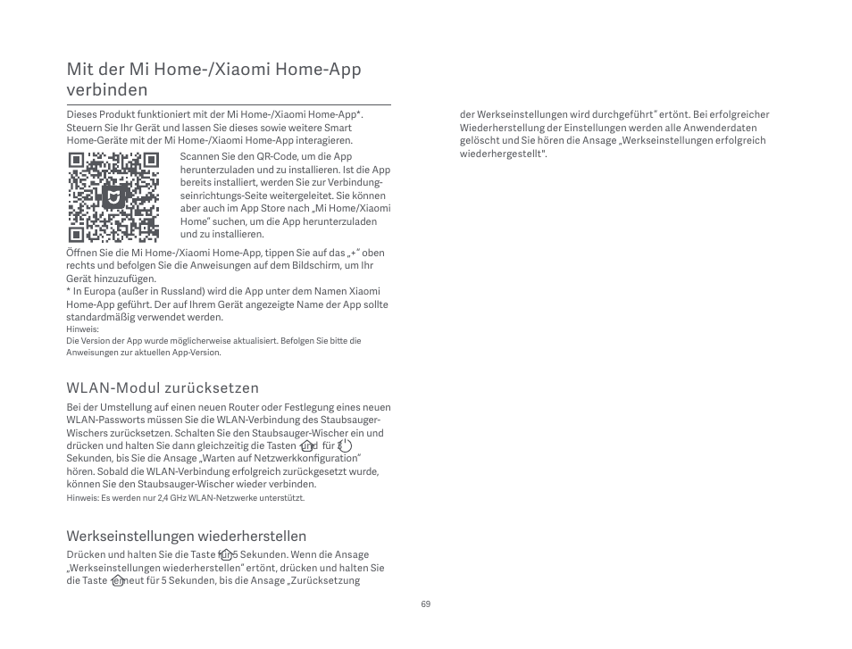 Mit der mi home-/xiaomi home-app verbinden, Wlan-modul zurücksetzen, Werkseinstellungen wiederherstellen | Xiaomi Mi Robot Vacuum-Mop P User Manual | Page 71 / 225