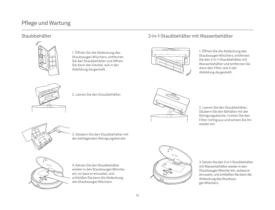 Pflege und wartung, Staubbehälter, In-1-staubbehälter mit wasserbehälter | Xiaomi Mi Robot Vacuum-Mop P User Manual | Page 72 / 225