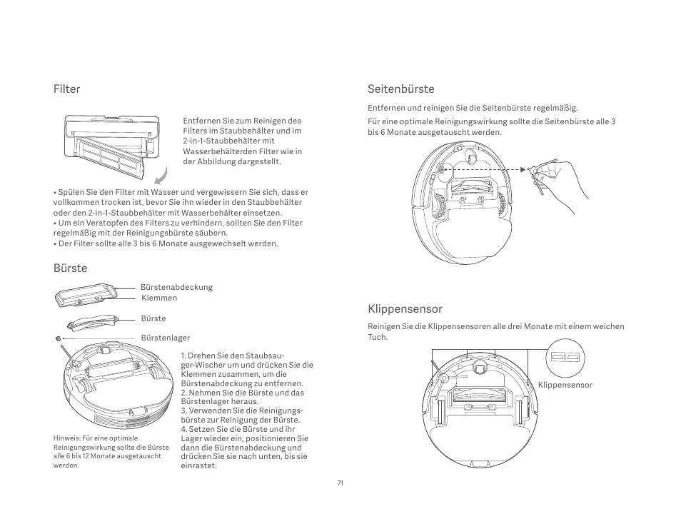 Seitenbürste, Klippensensor, Filter | Bürste | Xiaomi Mi Robot Vacuum-Mop P User Manual | Page 73 / 225