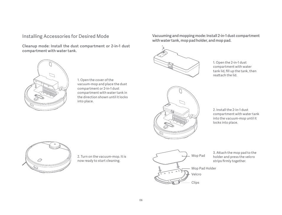 Installing accessories for desired mode | Xiaomi Mi Robot Vacuum-Mop P User Manual | Page 8 / 225