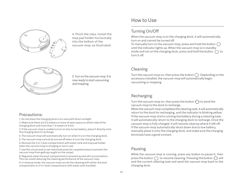 How to use, Pausing, Turning on/off | Cleaning, Recharging, Precautions | Xiaomi Mi Robot Vacuum-Mop P User Manual | Page 9 / 225